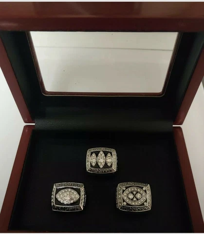 Oakland/Los Angeles Raiders - Super Bowl 3 Ring Set W Wooden Box. Allen Plunkett Cover