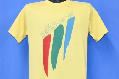 vtg 80s ADIDAS TREFOIL THREE STRIPE SPORTSWEAR ATHLETIC YELLOW t-shirt MEDIUM M - Image 1 of 4