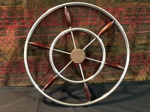 Vintage - 24” CHROME STAINLESS STEEL Nautical SHIP YACHT WHEEL w/ WOODEN HANDLES - Picture 1 of 12
