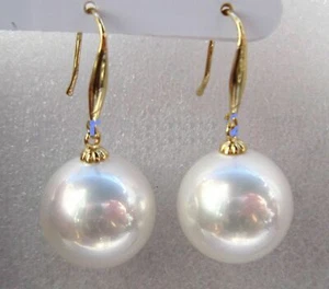 NUEVOS Enormes Pendientes de Perlas Caparazones Naturales AAA 16mm Blancos del Mar del Sur 14k - Imagen 1 de 2