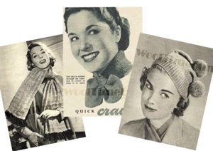 3 x Knitting Patterns Lady's 1940s Bobble Hat, Cravat & Diamond Design Scarf. - Picture 1 of 4