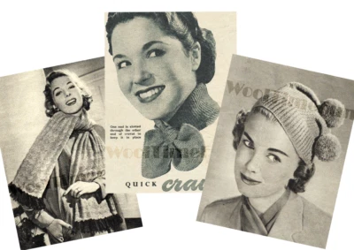 3 x Knitting Patterns Womens 1940s Bobble Hat, Cravat & Diamond Design Scarf. - Image 1 of 4
