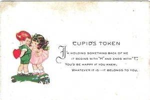 Vintage Victorian Calling Trade Card Cupid's Token Little Boy Girl Red Heart - Picture 1 of 1