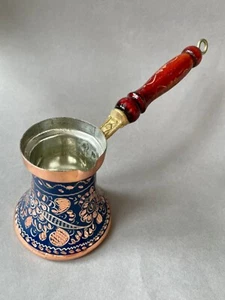 Elegant Blue and Copper Flower Hand-Carved Turkish Coffee Pot -  190ml Capacity - Picture 1 of 22