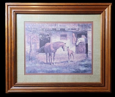 Vintage HORSES Mare Filly Barn Picture Painting Print Equestrian Art Framed MCM  - Image 1 of 4