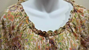 👚 Ralph Lauren Ivory Multi Paisle Print Pintuck Button Front Blouse ~ PL M3020 - Picture 1 of 9