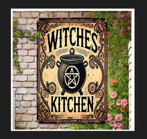 Rustic Primtive Witches Kitchen Tin Wall Art Vintage Fall Halloween Sign 8x12 - Picture 1 of 1