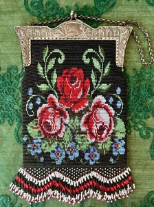 Vintage Micro Beaded Rose Purse With Blue Flowers, Fringe/Black Velvet Lining - Picture 1 of 14