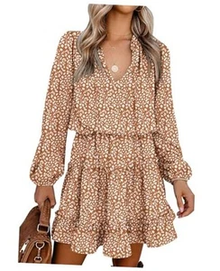 Women Casual Summer Spring Dresses 2025 Tie Neck Long X-Large Leopard Coffee - Picture 1 of 6