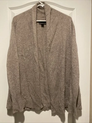 Suéter cardigã feminino Tahari L bege manga comprida puro luxo cashmere xale - Imagem 1 de 4