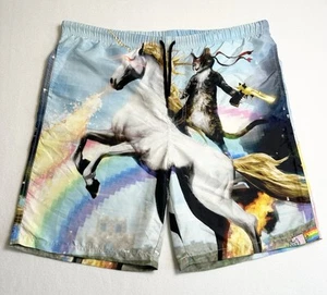 Surf Shorts With Cat Holding Gun Riding Unicorn Men’s XL - Picture 1 of 6