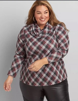 Lane Bryant Top Talla 14/16 Gris Borgoña Cuadros Capucha Cuello Elástico Tejido Acogedor Foto 1 de 4