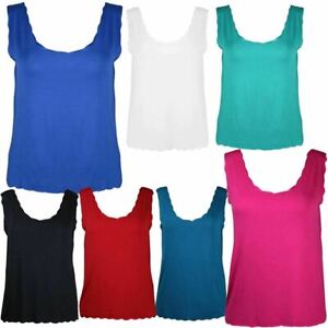 New Womens Plus Size Plain Sleeveless Scallop Neck Tshirt Ladies Vest Tops 12-26