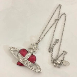 Vivienne Westwood Diamante Heart Orb Large Necklace Silver Red with drawstring - Picture 1 of 9