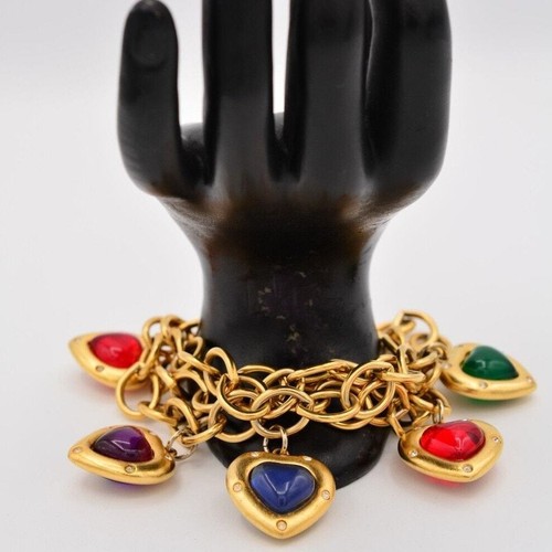 Givenchy Bracciale Vintage Cabochon Cuore Charm Oro Spazzolato Firmato Anni 80 BinAW