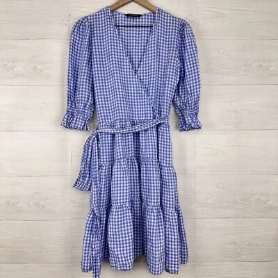 Lauren Ralph Lauren Linen Dress Size 4 Blue Gingham 3/4 Sleeve Wrap Waist Tie - Image 1 of 4