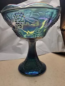 Vintage Indiana Blue Carnival Glas Kompott Schale Standfuß Ernte Traube - Bild 1 von 6