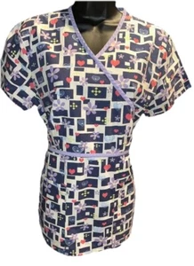 Heart & Flower Scrub Top Cherokee Studio Size Small Purple Ties In Back - Picture 1 of 15