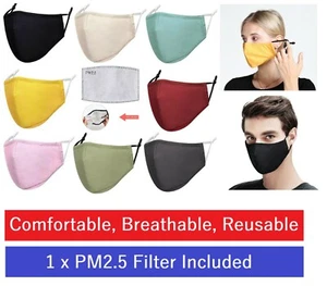 Cotton Face Mask Washable Reusable Breathable with PM2.5 Filter & Filter Pocket - Picture 1 of 23