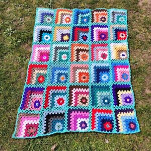 Vintage Handmade Crochet Afghan Granny Square Large Blanket Throw 50x40 Colorful