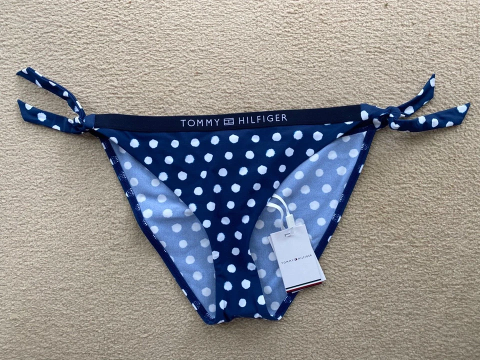 NUEVO CON ETIQUETAS TOMMY HILFIGER AZUL MARINO Y BLANCO LUNARES CORBATA LATERAL PANTALONES DE BIKINI XL (16)! Foto 1 de 4