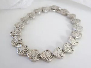 Vintage Sterling Silver Heart Love Filigree Link Chain Bracelet 7.25" - Picture 1 of 12