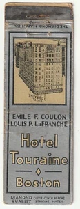 MATCHBOOK COVER - HOTEL TOURAINE - BOSTON MASSACHUSETTS - COULON - LaFRANCHE - Bild 1 von 3