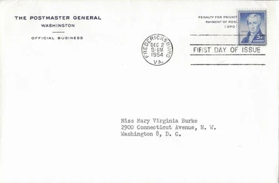 1954 FDC, #1038, 5c James Monroe, Postmaster General embossed envelope - Image 1 of 2