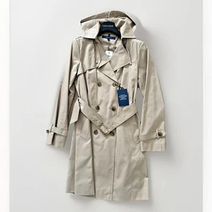 Cole Haan Khaki Long Belted Hooded Trench Coat Jacket Double Button Front Size M - Picture 1 of 12