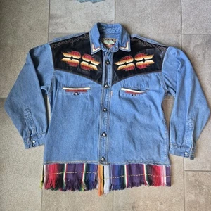 Vintage Shooter Denim Long Sleeve Shirt Aztec Tribal Multicolor Tassled Small - Picture 1 of 6