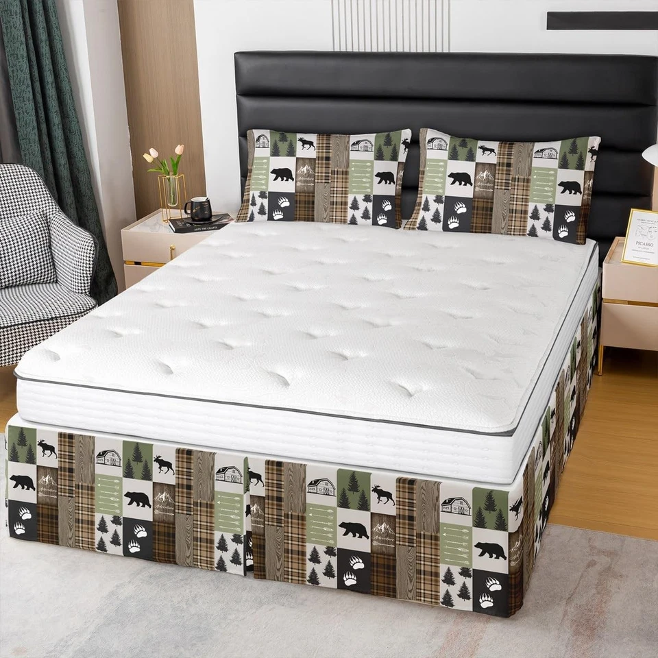 Олень кровать юбка королевский размер, медведь коготь сосны геометрические Plaids юбка для кровати 3шт для K... - Изображение 1 из 4
