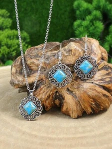 3Pcs Gorgeous Vintage blue silver Earrings Necklace Gift for Women Wife Mom - Picture 1 of 4