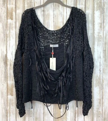 Esteve SITA MURT Black Knit Drape Top Blouse Fringe Wearable Art 46 M Spain NWT - Image 1 of 4