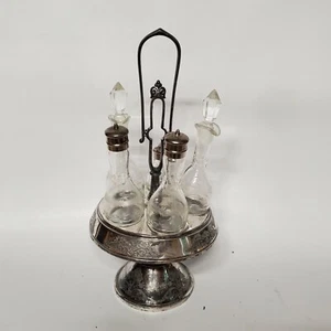 Vintage Castor Cruet Condiment Set Metal Stand and 5 Etched Bottles - Picture 1 of 12