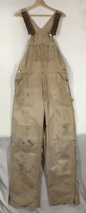 Vintage CARHARTT Tan Canvas Carpenter Bib Overalls Nylon Lined 34x33 Workwear - Picture 1 of 12