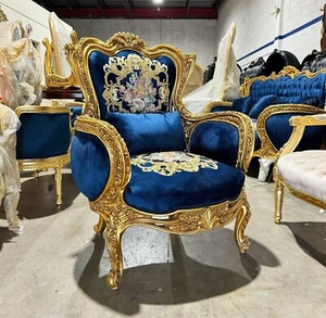 French Rococo Style Blue Velvet Armchair with Gold Leaf Details - Picture 1 of 8