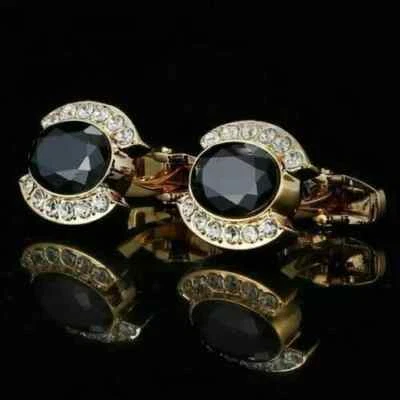 3CT Oval Lab Created Black Diamond Men's Shirt Cufflink 14K Yellow Gold Plated - Image 1 of 4