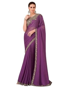 Women's Pure Chiffon Embellished Saree With Unstitched Blouse - Picture 1 of 6