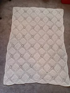Afghan Knit Crochet Blanket Handmade Popcorn Stitch Pattern Off White 46" X 67" - Picture 1 of 8