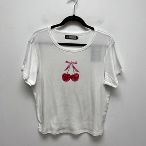 Girl Dangerous Womens White Short Sleeve Crew Neck Cherry Print Crop T-Shirt XL - Picture 1 of 7