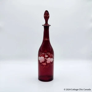 Antique 19th C Bohemian Ruby Flashed Glass Decanter - Wheel Etched Glass - Picture 1 of 10