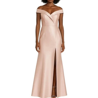 Vestido para mujer Alfred Sung rosa fuera del hombro satinado con abertura frontal talla 4 nuevo con etiquetas Foto 1 de 4