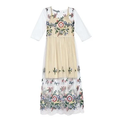 Pippa & Julie | Big Girls Embroidered Gauze Sheer Floral Mesh White Dress  - Image 1 of 4