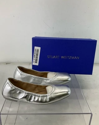 Stuart Weitzman Líquido Metálico Plateado Cuero Bardot Ballet Plano 6.5B Foto 1 de 4
