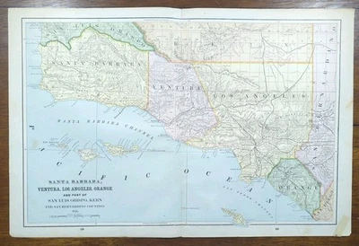 Mapa antiguo de 1893 SANTA BARBARA VENTURA LOS ANGELES CONDADOS NARANJAS CALIFORNIA Foto 1 de 4