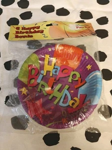 Vintage 90s Happy Birthday Party Paper Bowls Retro Bright Colours 16cm - Picture 1 of 7