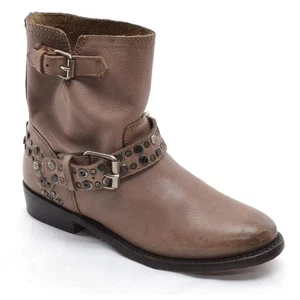 Womens Ash Studded Video Buckle Moto Boots 38 / 7.5 Taupe Leather Booties Shoes - Picture 1 of 6