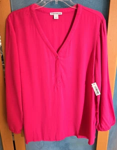 NEW NWT Amazon Essentials Sz L Pink Vneck Long-Sleeve Woven Relaxed Fit Top - Picture 1 of 14