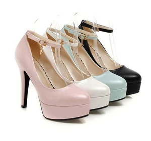 Womens T-strap Pumps Round Toe Platform High slim Heels Party Shoes - Picture 1 of 21