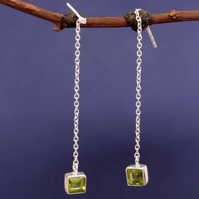 Peridot Threader Earring 925 Sterling Silver Handmade Boho Vintage Gift Jewelry - Image 1 of 4